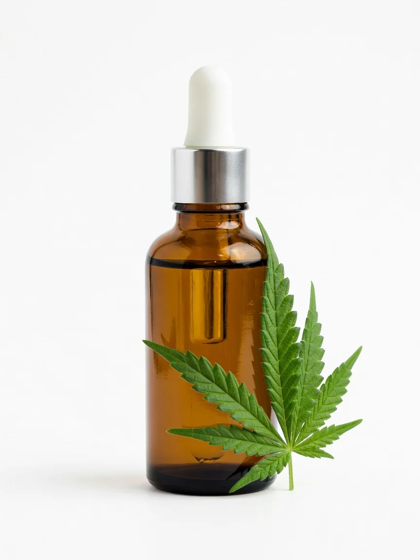Кафява стъклена бутилка с капкомер и CBD масло до конопено листо